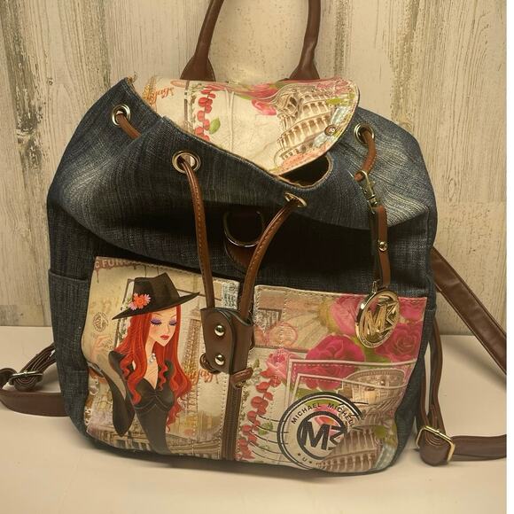 Michael Michelle Hand Painted Denim Backpack Floral NWT Paris Print Handbag - Picture 10 of 13